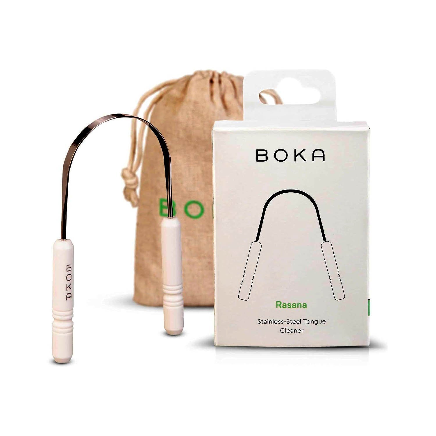 Boka Tongue Scraper for Adults & Kids with Case - Stainless Steel Tongue Cleaner w/Linen Travel Pouch, Pack of 1