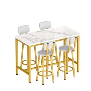 Lamerge Modern Dining Table Set, Faux Marble Dining Table +4 Comfortable Stools